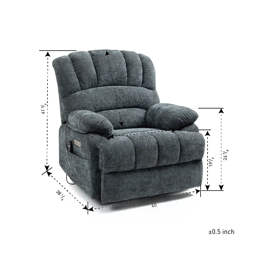 23" Seat Width and High Back Medium Size Blue Chenille Power Lift Recliner Chair with 8-Point Vibration Massage and Lumbar Heating