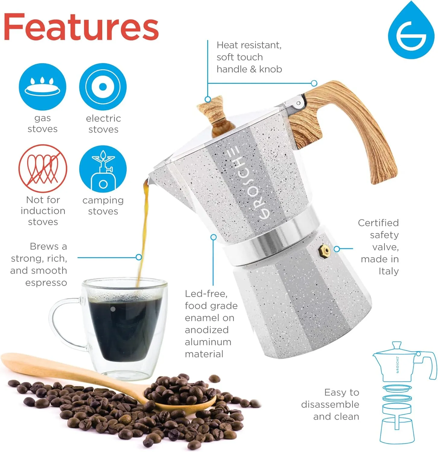 MILANO STONE Stovetop Espresso Maker, Moka Pot - 3 Cup