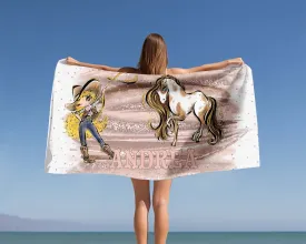 Personalised Beach Towel, Cowgirl and Horse, Blonde Curly Hair, Brown Eyes, Polycotton Towel