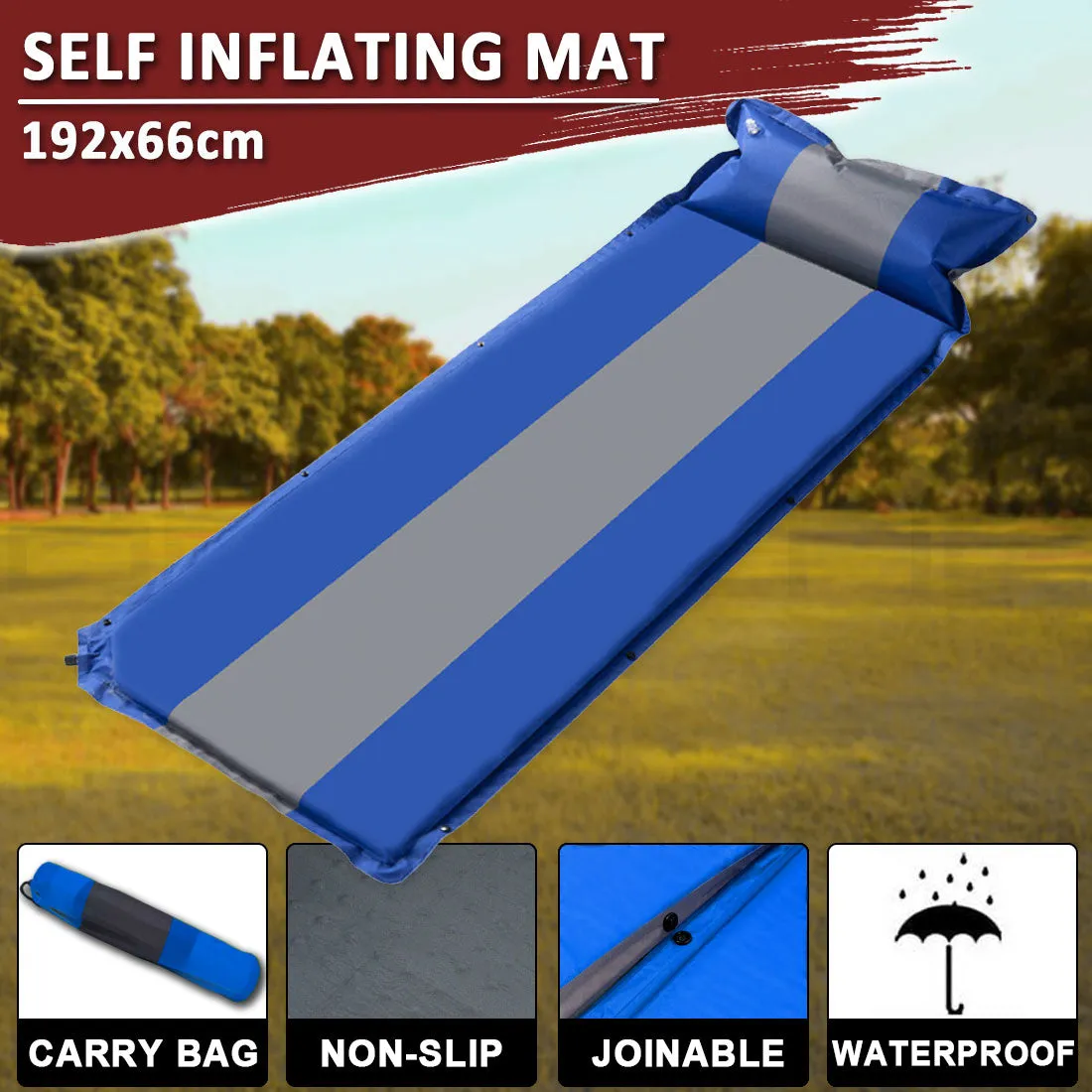 Self Inflating Mattress Sleeping Mat Air Bed Camping Camp Hiking Joinable Pillow - blue