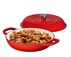 Silicone Oil Non-Stick Enameled Cast Iron Shallow Casserole Braiser Pan with Cover, 3.8