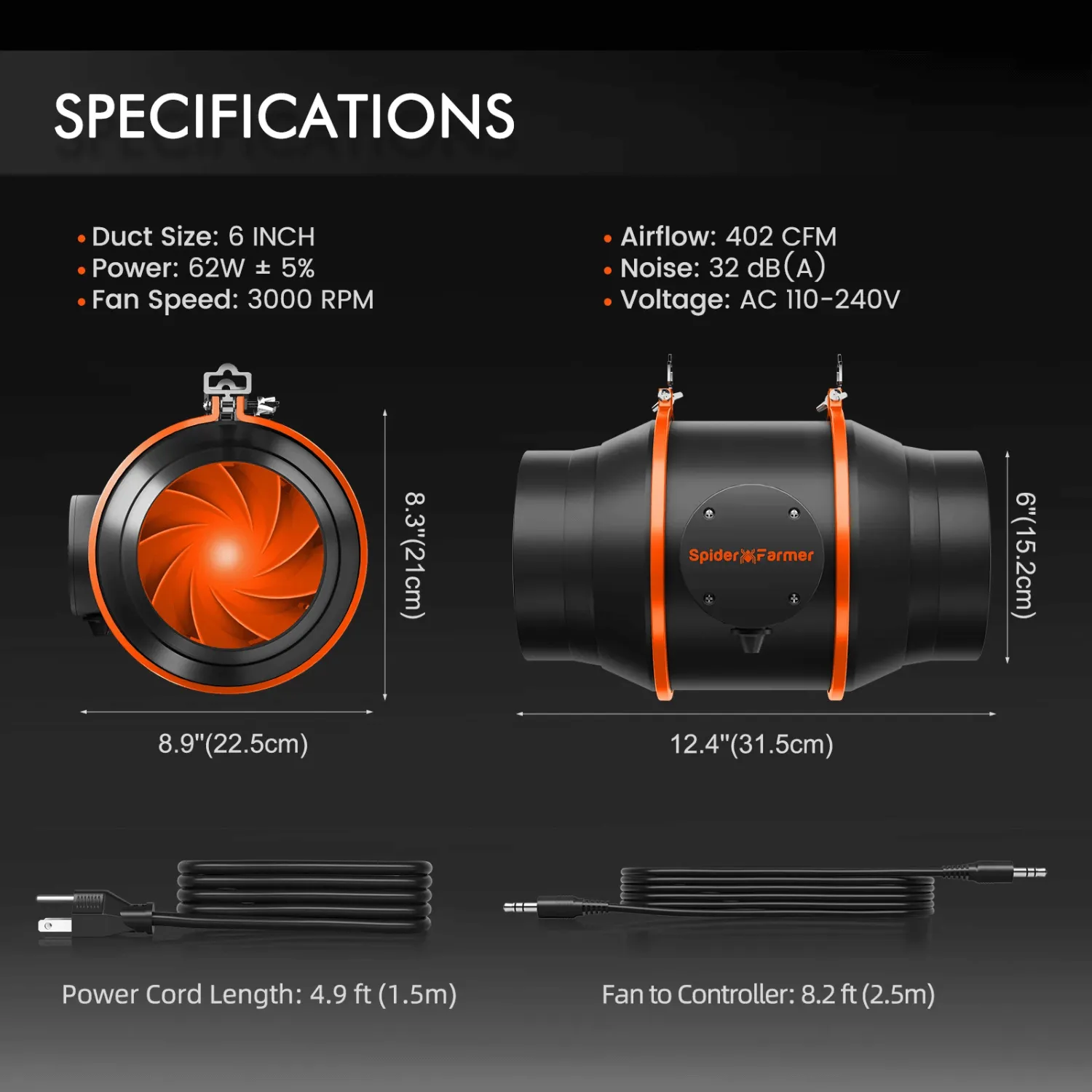 Spider Farmer Ventilation Kit 6" Inline Duct Fan and Carbon Filter Combo with Temperature and Humidity Controller